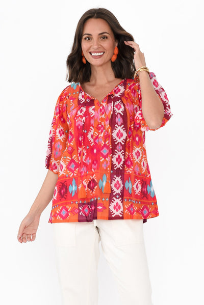 Claris Red Geo Crinkle Cotton Top
