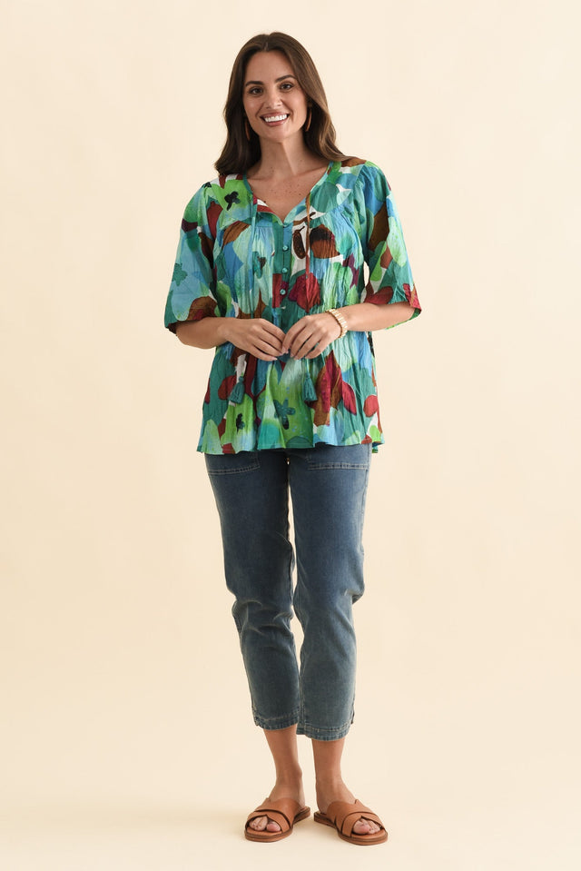 Claris Teal Flower Crinkle Cotton Top,Brunette model,alt text|model:MJ image 8