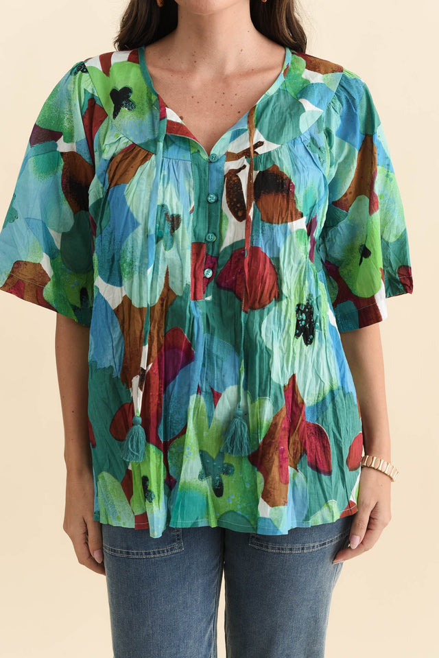 Claris Teal Flower Crinkle Cotton Top,Brunette model,alt text|model:MJ image 7
