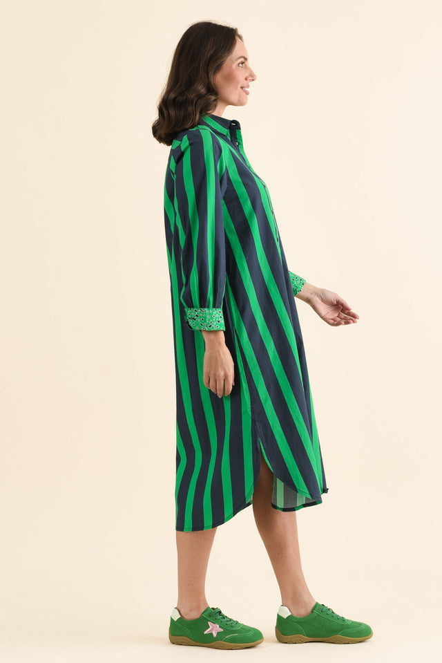 Claude Green Stripe Cotton Poplin Dress,brunette model,Side of Outfit,alt text|model:MJ image 3