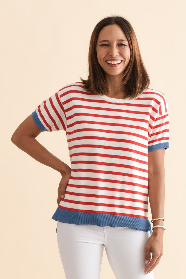 Clementine Red Stripe Cotton Knit Top,Front,Brunette model,alt text|model:Cara image 1