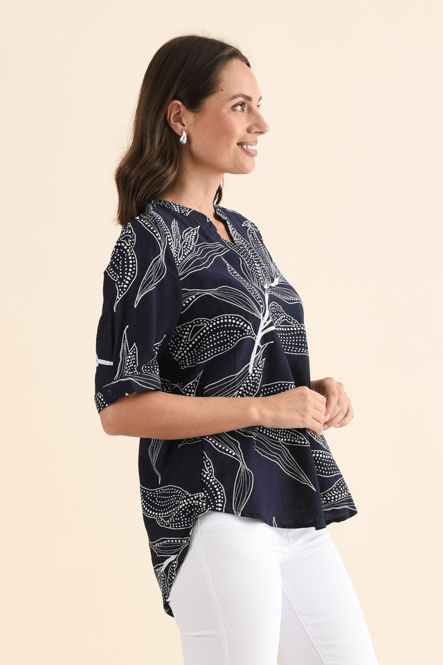 Clements Navy Leaf V Neck Top,Side,Brunette model,alt text|model:MJ image 3