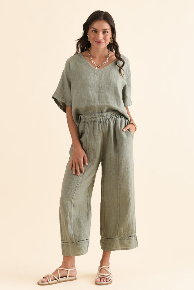 Dinah Khaki Linen Trim Pants,Full Body,Brunette model,alt text|model:Brontie