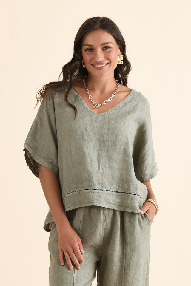 Coan Khaki Linen Trim Top,Front,Brunette model,alt text|model:Brontie