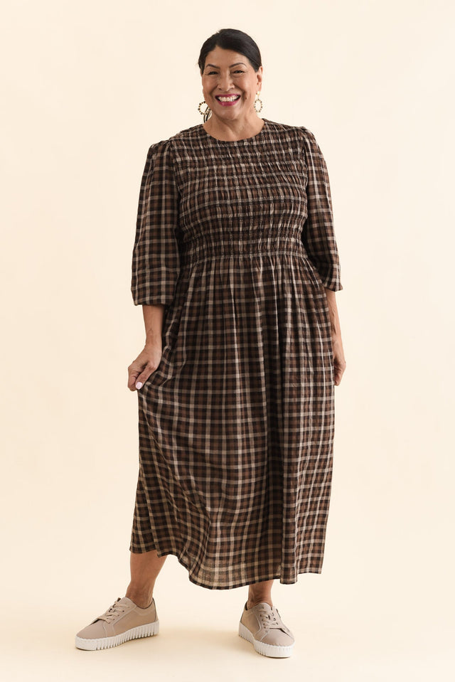 Coco Chocolate Check Cotton Dress,Front,Brunette model,alt text|model:Pilita