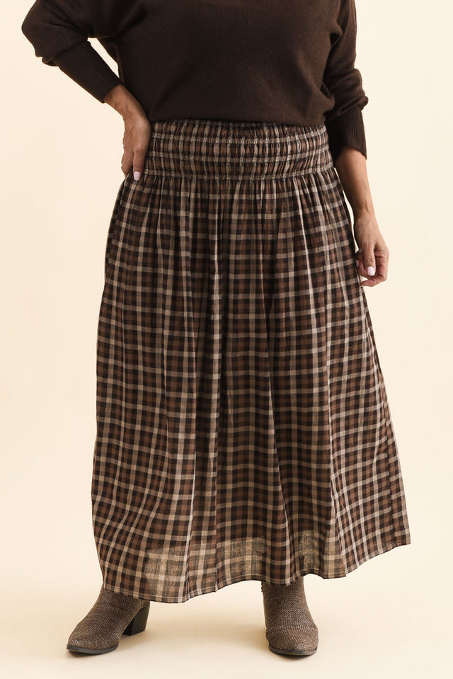 Coco Chocolate Check Cotton Skirt,Front,Brunette model,alt text|model:Pilita image 1
