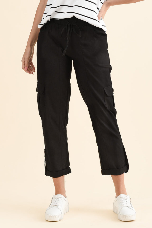 Colette Black Cargo Pants,Front,Brunette model,alt text|model:MJ