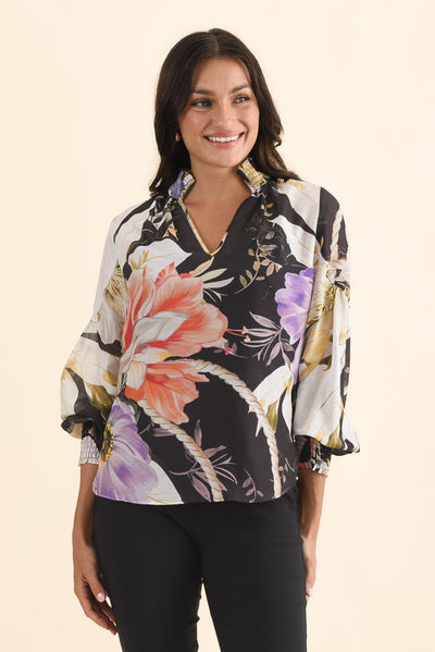 Colette Black Floral Cotton Silk Blouse