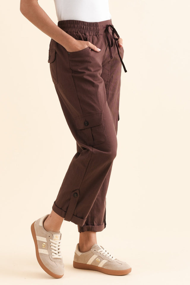 Colette Chocolate Cargo Pants,Side,Brunette model,alt text|model:Brontie image 4