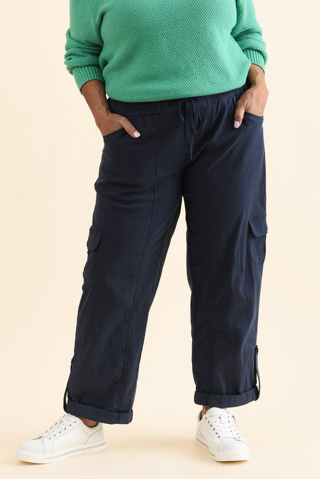 Colette Navy Cargo Pants,Front,Brunette model,alt text|model:Pilita image 10