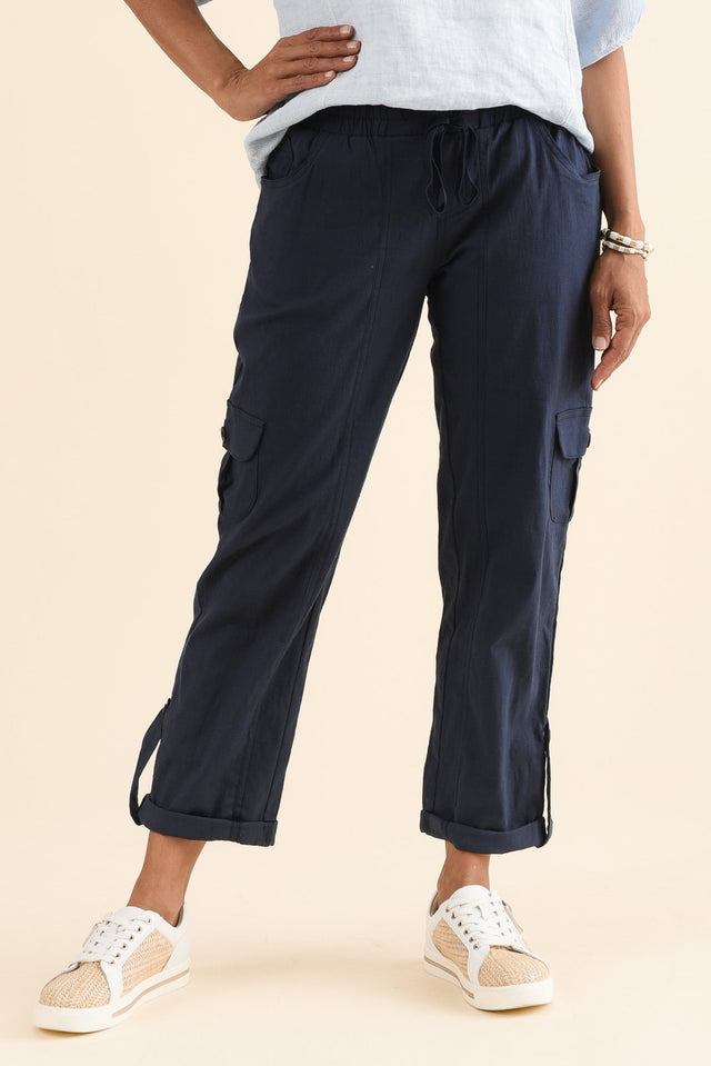 Colette Navy Cargo Pants,Front,Brunette model,alt text|model:Cara