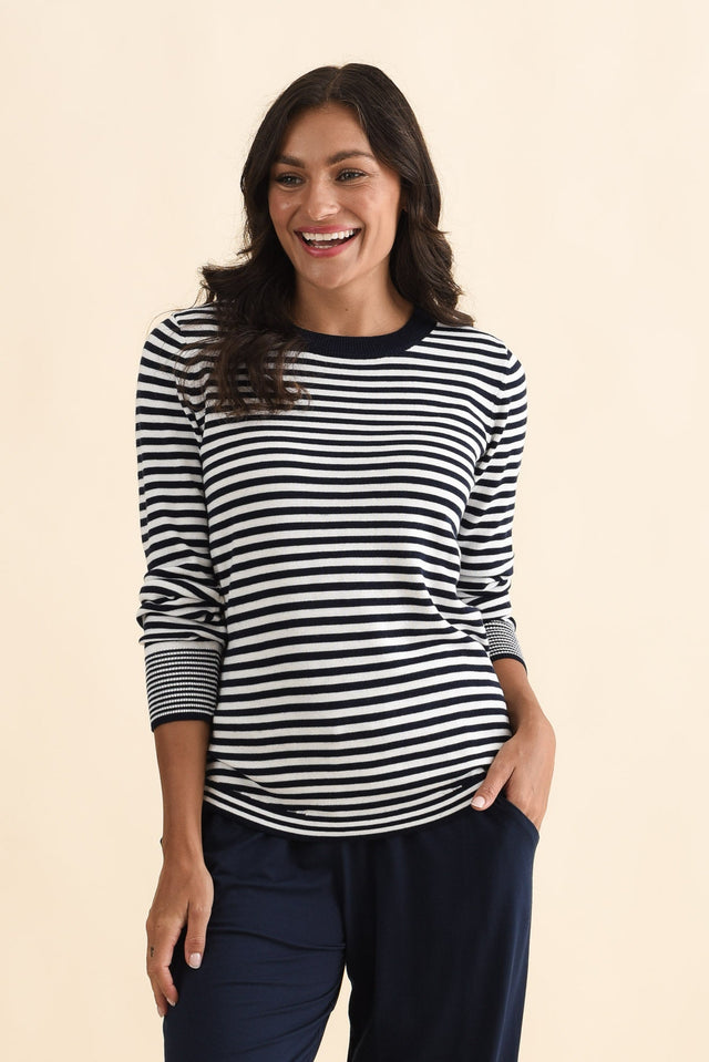 Colorado Navy Stripe Knit Top,Brunette model,alt text|model:Brontie