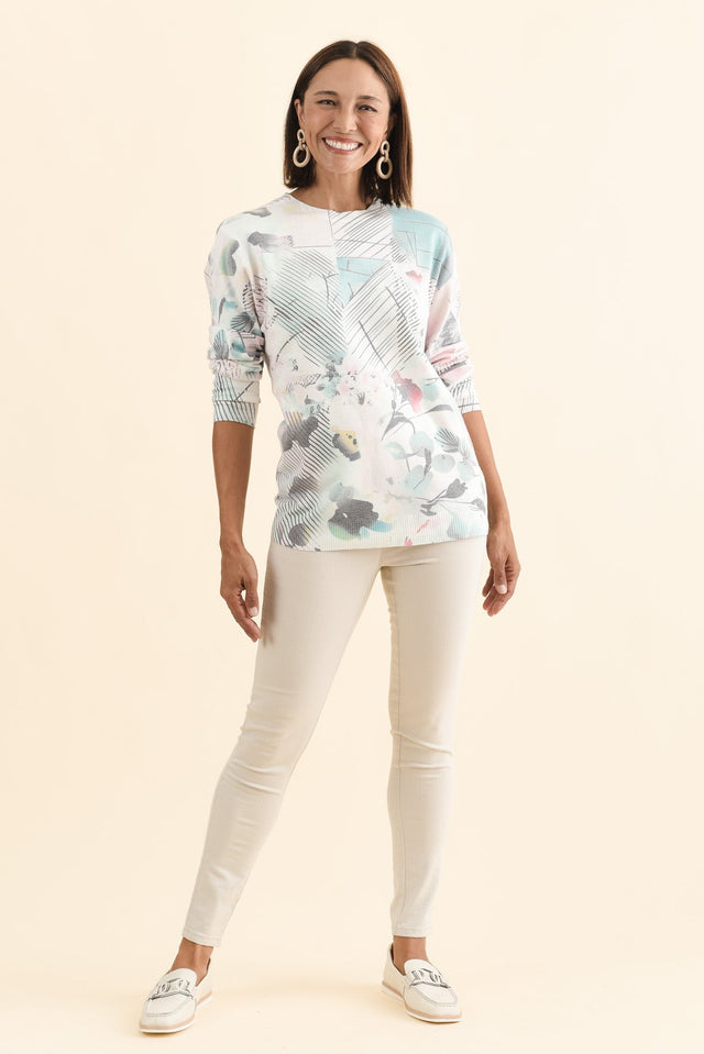 Constance Blue Abstract Crew Sweatshirt,Brunette model,alt text|model:Cara image 7