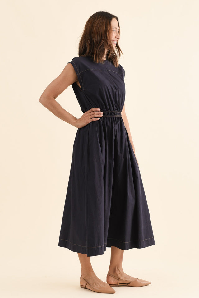 Cooper Navy Cotton Pocket Dress,Side,Brunette model,alt text|model:Cara image 3