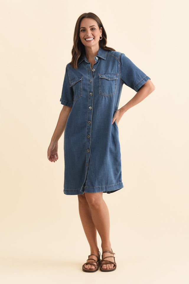 Cora Blue Denim Shirt Dress,Brunette model,alt text|model:MJ image 3