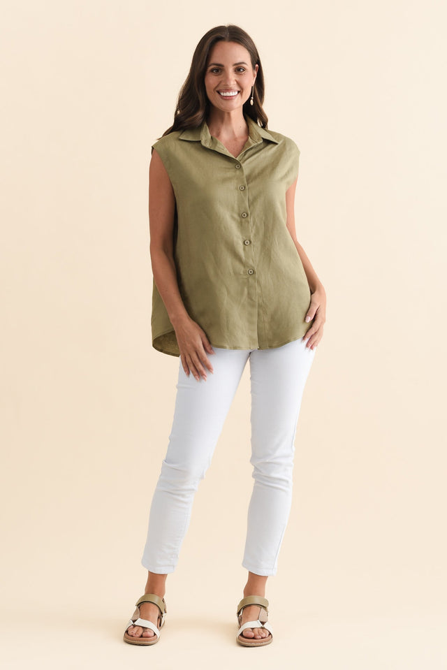 Corbin Khaki Linen Blend Button Top,Brunette model,alt text|model:MJ image 6