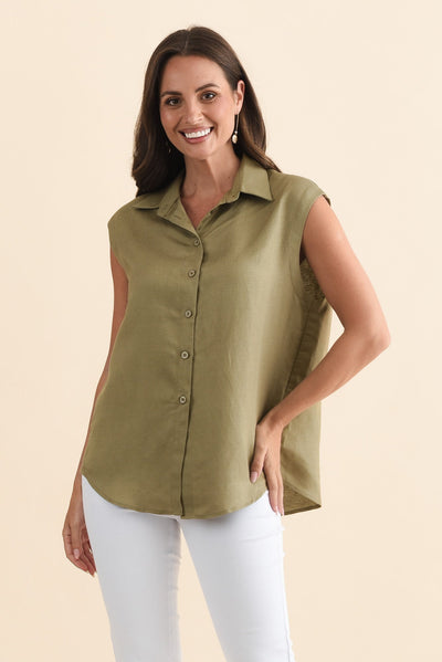 Corbin Khaki Linen Blend Button Top