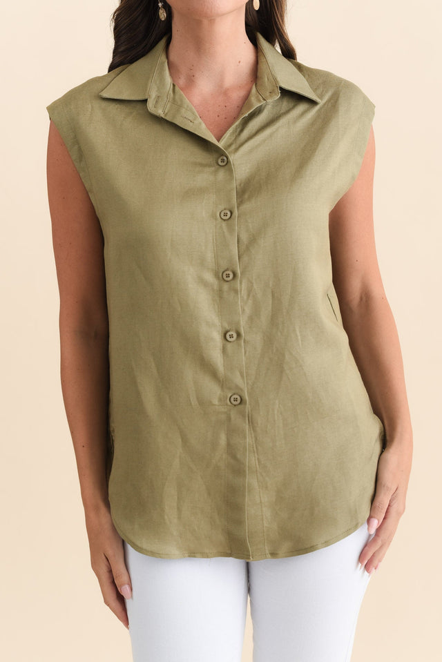 Corbin Khaki Linen Blend Button Top,Brunette model,alt text|model:MJ image 5