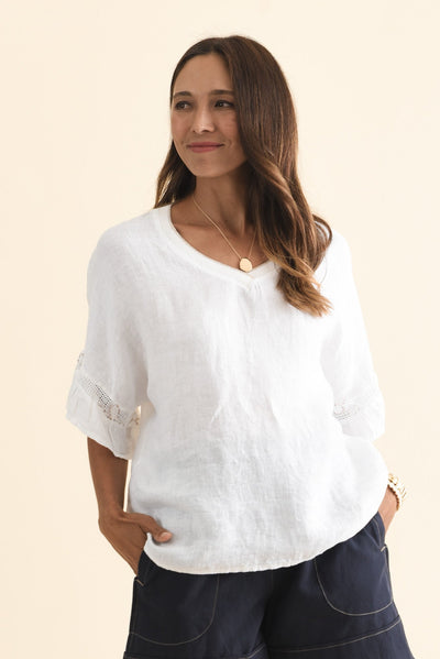 Corina White Linen V Neck Top