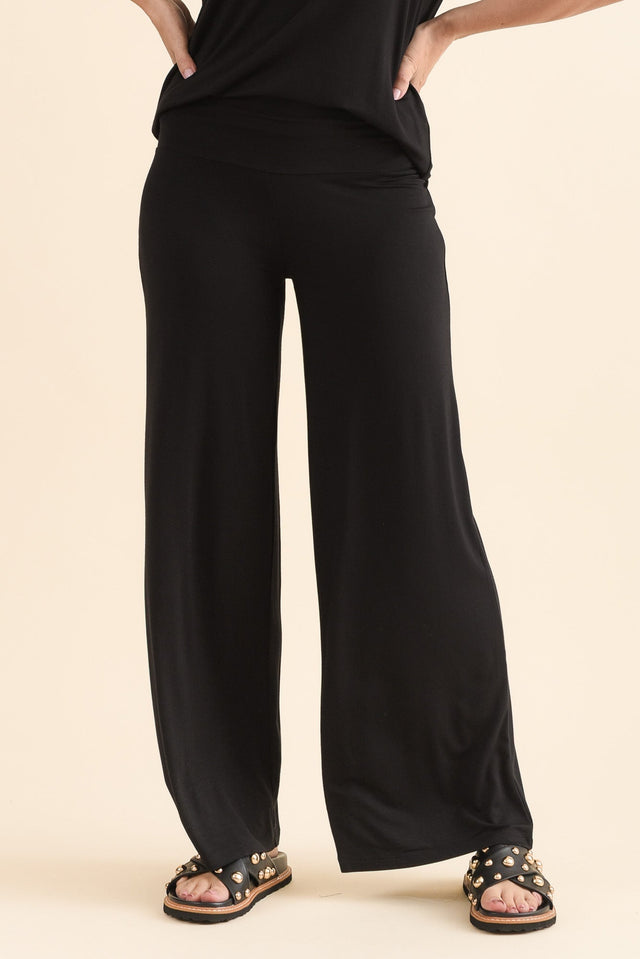 Cory Black Bamboo Wide Leg Pants,Front,Brunette model,alt text|model:MJ image 1