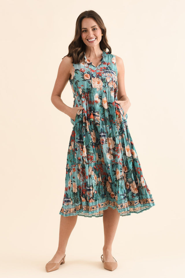 Cosita Light Blue Garden Cotton Pocket Dress,Full Body,Brunette model,alt text|model:MJ image 2