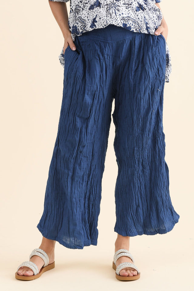 Costello Indigo Crinkle Cotton Pants,Front,Brunette model,alt text|model:MJ image 1