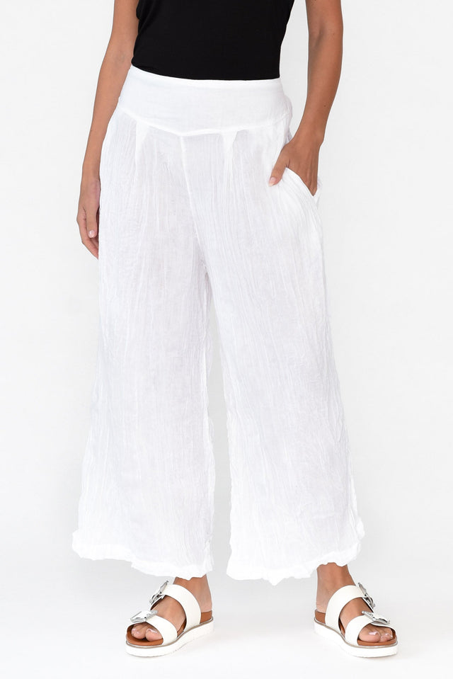 Costello White Crinkle Cotton Pants,Brunette model,alt text|model:MJ image 1