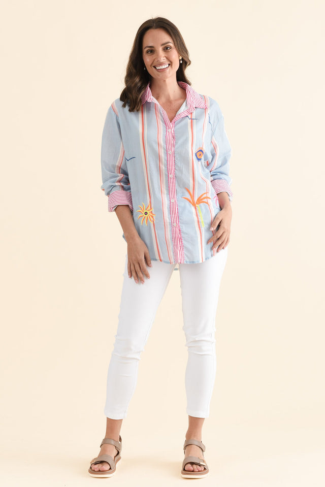 Costina Blue Nature Cotton Embroidered Shirt,Full Body,Brunette model,alt text|model:MJ image 2