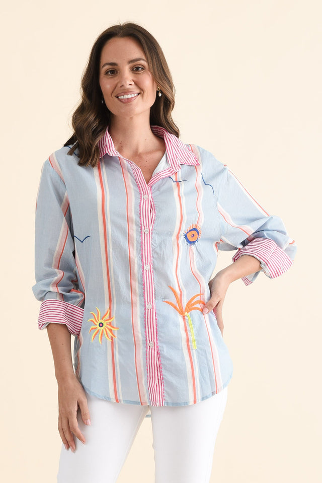 Costina Blue Nature Cotton Embroidered Shirt,Front,Brunette model,alt text|model:MJ image 1