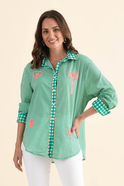 Costina Green Western Cotton Embroidered Shirt