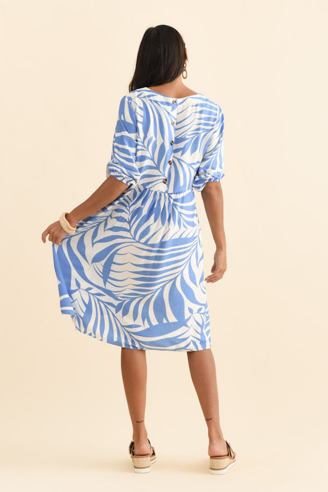 Cyrus Blue Palm Cotton Blend Dress,Brunette model,alt text|model:Brontie image 5