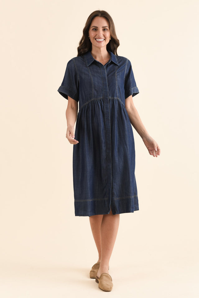 Daley Dark Blue Denim Shirt Dress,Full Body,Brunette model,alt text|model:MJ image 2