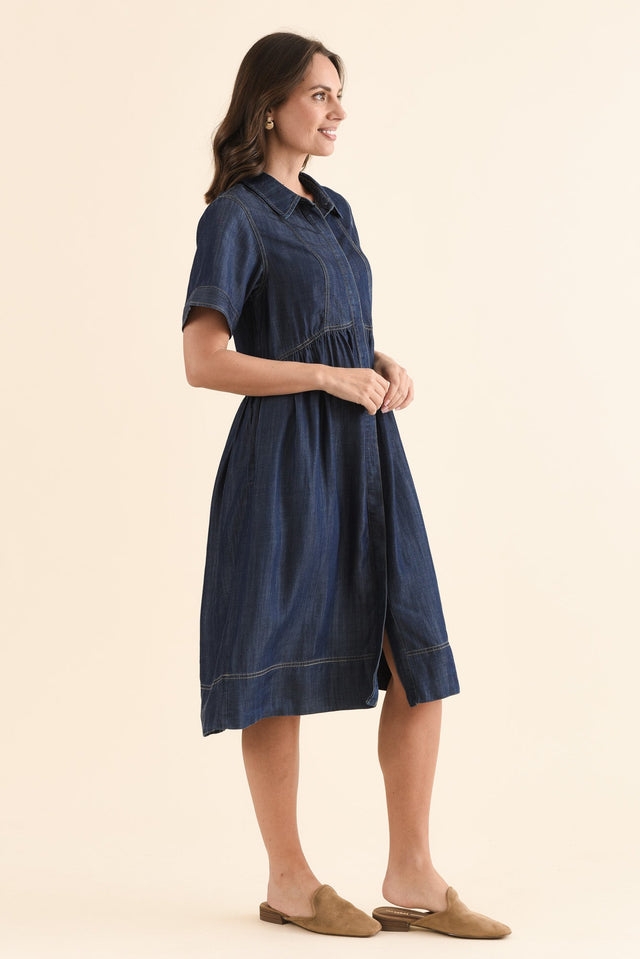Daley Dark Blue Denim Shirt Dress,Side,Brunette model,alt text|model:MJ image 3