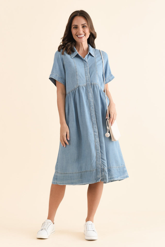 Daley Light Blue Denim Shirt Dress,Front,Brunette model,alt text|model:MJ image 1