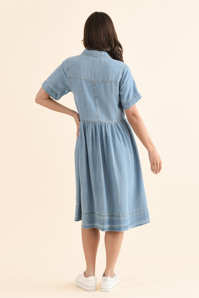 Daley Light Blue Denim Shirt Dress,Back,Brunette model,alt text|model:MJ image 4