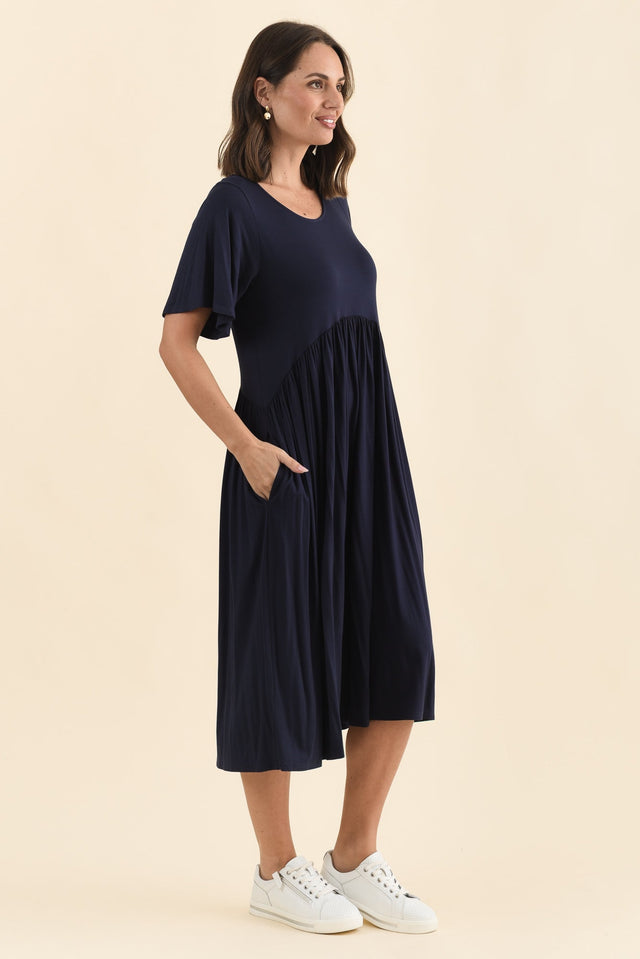 Dalton Navy Crescent Dress,Brunette model,alt text|model:MJ image 5
