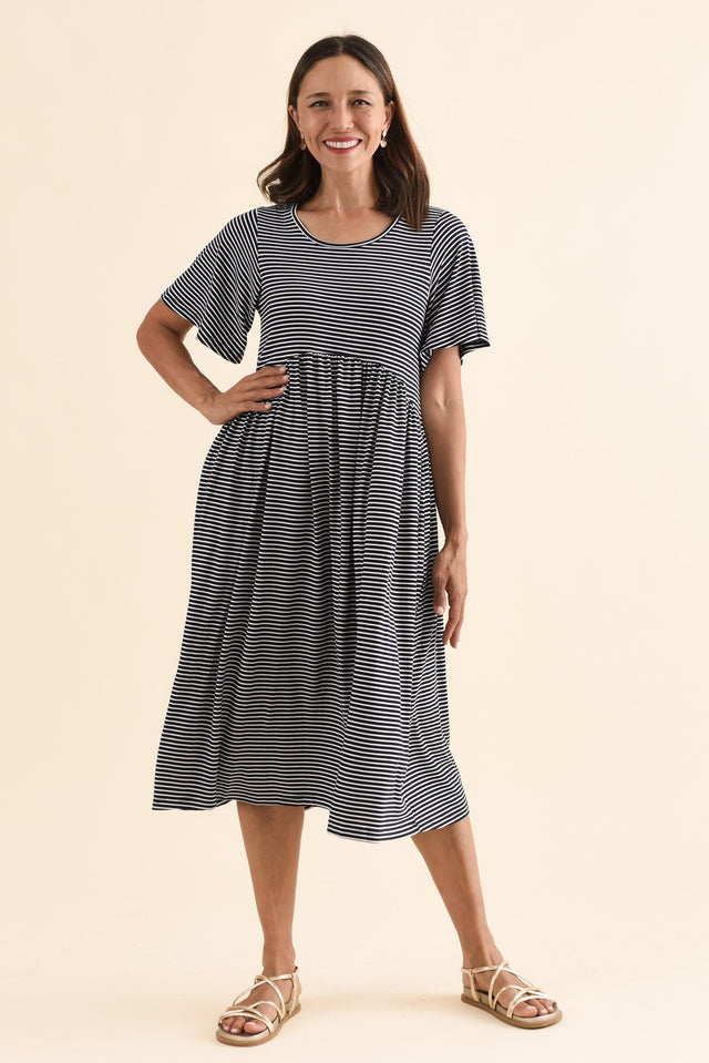 Dalton Navy Stripe Crescent Dress,Full Body,Brunette model,alt text|model:Cara image 6
