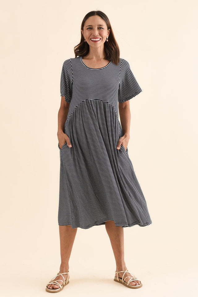 Dalton Navy Stripe Crescent Dress,Full Body,Brunette model,alt text|model:Cara image 2
