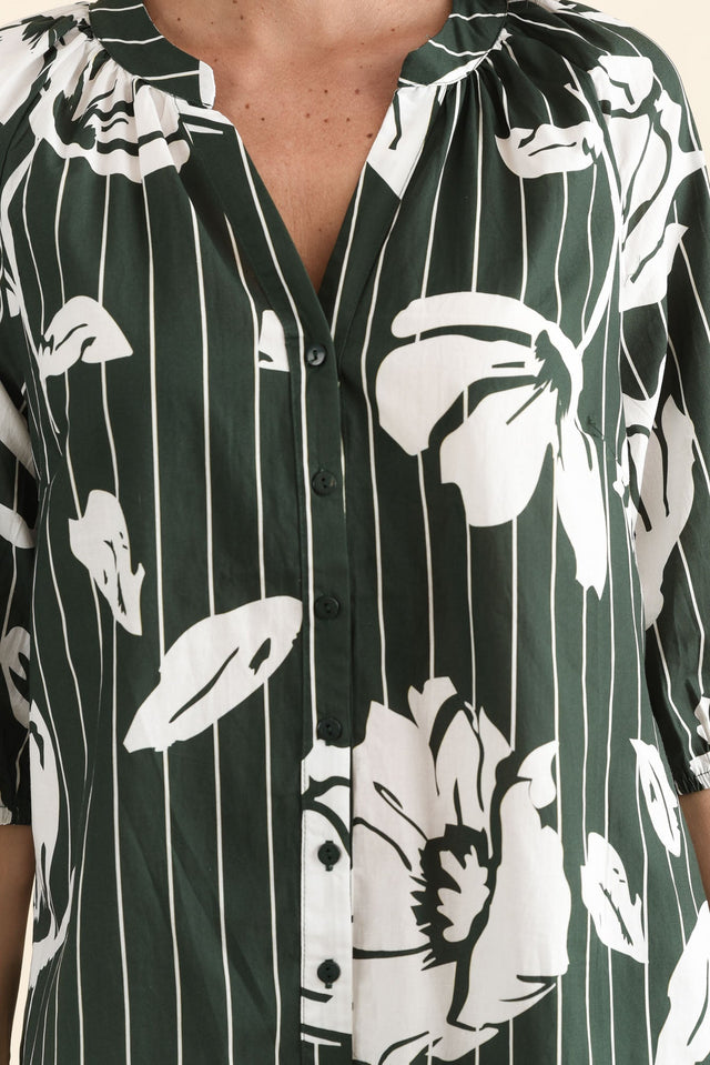 Damani Green Floral Stripe Pocket Dress,brunette model,Close up of outfit,alt text|model:MJ image 5