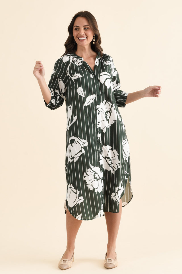 Damani Green Floral Stripe Pocket Dress,brunette model,Full Outfit,alt text|model:MJ image 6