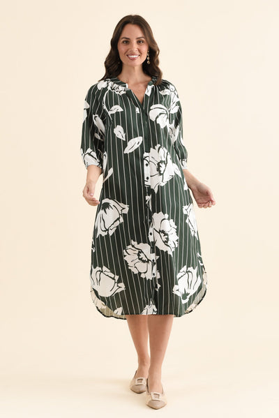 Damani Green Floral Stripe Pocket Dress