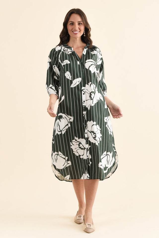 Damani Green Floral Stripe Pocket Dress,brunette model,Front of Outfit,alt text|model:MJ image 1