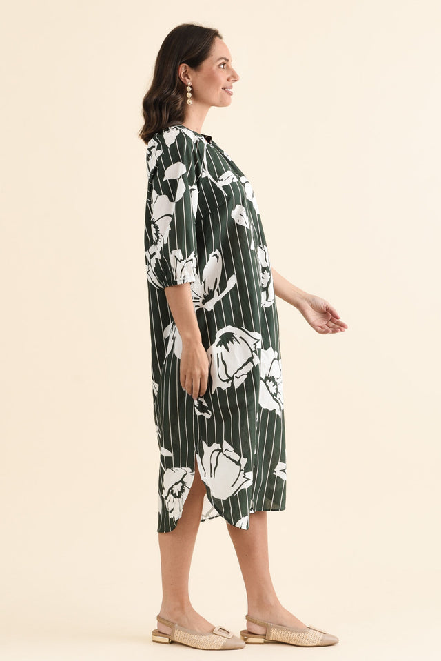 Damani Green Floral Stripe Pocket Dress,brunette model,Side of Outfit,alt text|model:MJ image 3