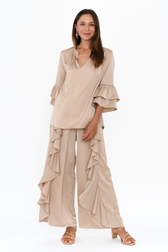 Dancer Taupe Ruffle Pants,Brunette model,alt text|model:Cara image 4