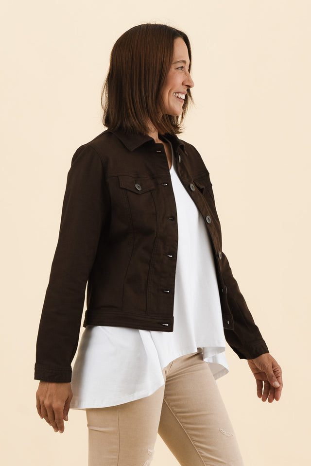 Danielle Chocolate Stretch Jean Jacket,Side,Brunette model,alt text|model:Cara image 4