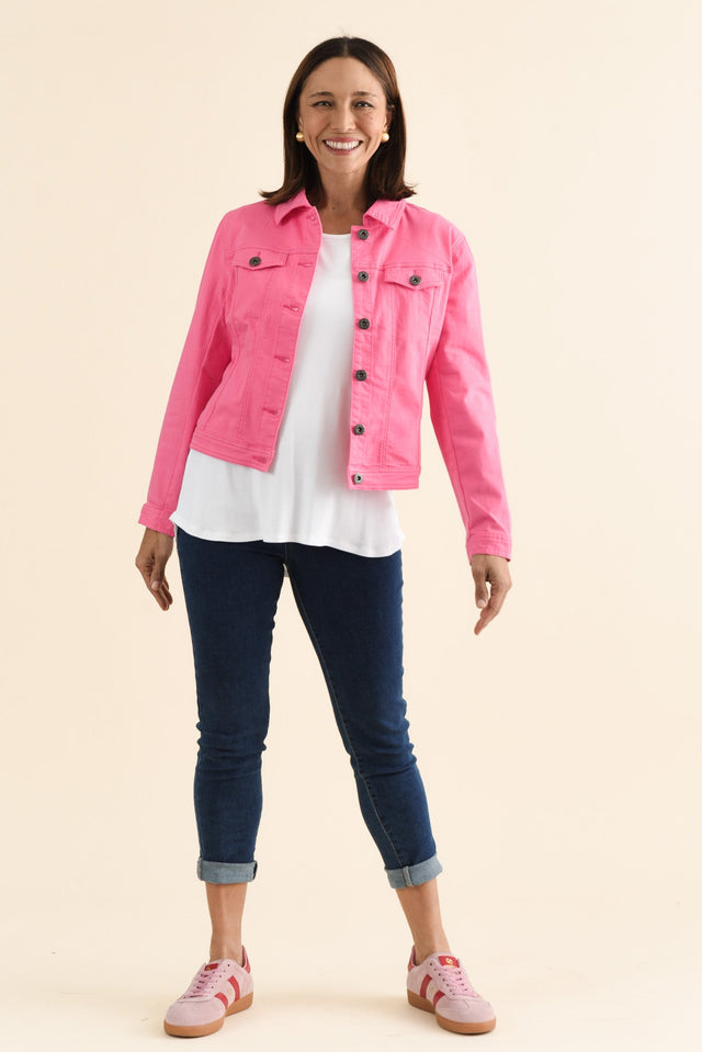 Danielle Hot Pink Stretch Jean Jacket,brunette model,Full Outfit,alt text|model:Cara image 6