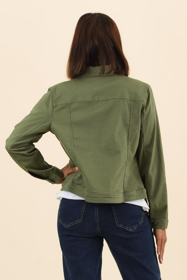 Danielle Khaki Stretch Jean Jacket,Back,Brunette model,alt text|model:Cara image 5