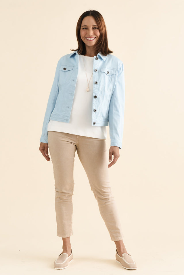 Danielle Light Blue Stretch Jean Jacket,brunette model,Full Outfit,alt text|model:Cara image 6