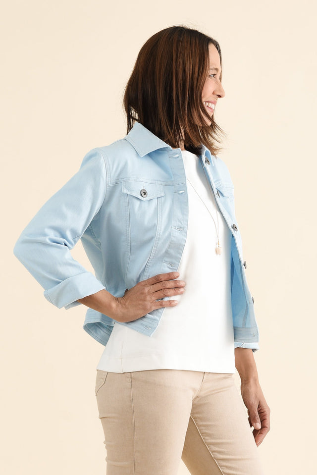 Danielle Light Blue Stretch Jean Jacket,brunette model,Side of Outfit,alt text|model:Cara image 3