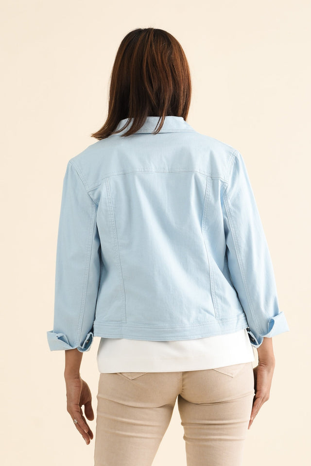 Danielle Light Blue Stretch Jean Jacket,brunette model,Back of Outfit,alt text|model:Cara image 4